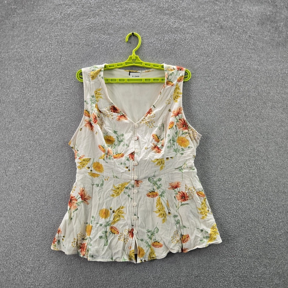 Torrid Women Blouse 1 White Floral Slub Button Up Tank V-Neck‎